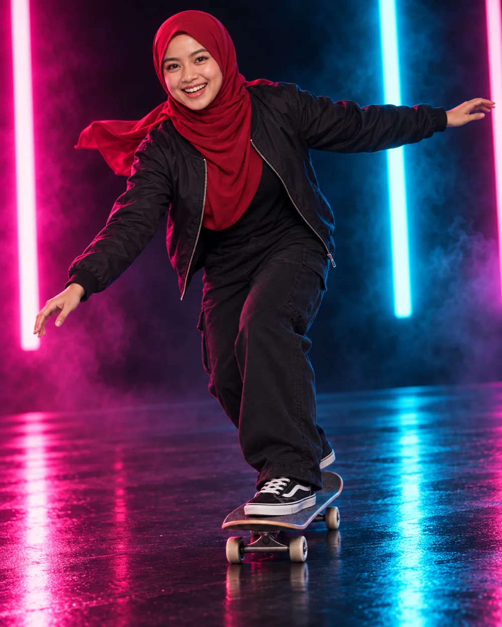 Peserta wanita Melayu berhijab menaiki papan luncur di studio neon