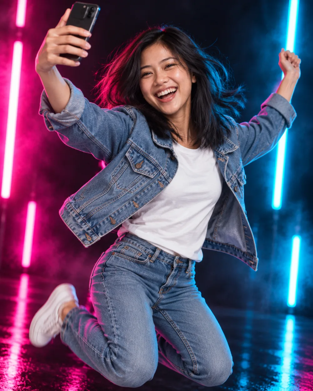 Peserta wanita Cina Malaysia merakam vlog di studio neon