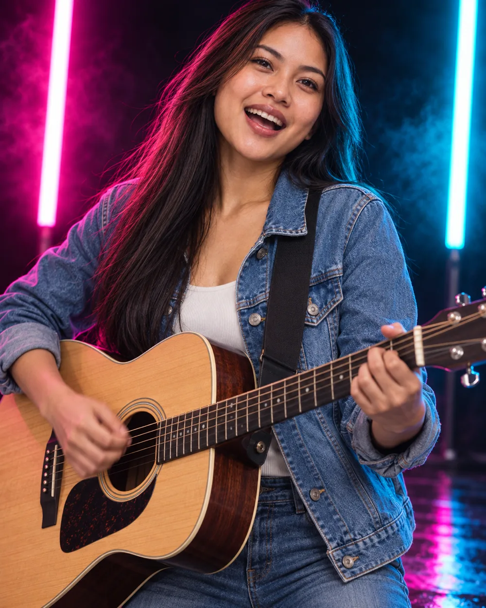 Peserta wanita Sabah dan Sarawak bermain gitar di studio neon
